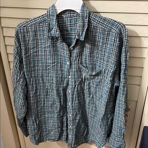 Loft women’s Blue Plaid Shirt( size: L) flash silver light